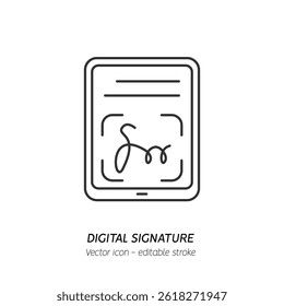 Assinando contrato com caneta digital no ícone do telefone. Assinatura digital, contrato comercial, contrato eletrônico, pictograma de assinatura eletrônica. Ícone de contorno plano de ilustração de vetor. Traçado editável