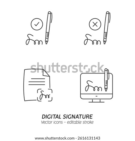 Signing contract with digital pen on phone icons set. Digital signature, business contract, electronic collection, e-signature concept. Vector illustration flat outline icons. Editable stroke