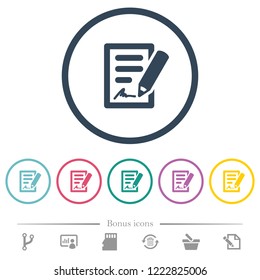 Signing contract flat color icons in round outlines. 6 bonus icons included.