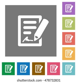 Signing contract flat icon set on color square background.