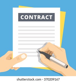 Signing a contract flat illustration. Hand with pen sign contract. Modern flat design concepts for web banners, websites, printed materials, infographics. Creative vector illustration