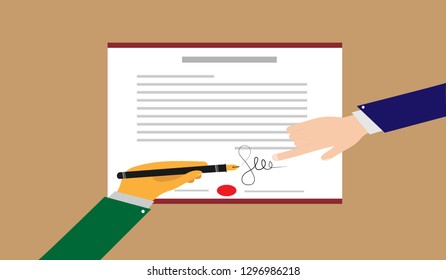 signing contract. Hand signs the contract. Signed the contract