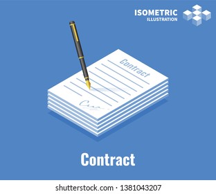 Signing contract icon. Paper document with signature and pen. Vector 3D illustration isolated on blue background.