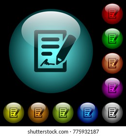 Signing contract icons in color illuminated spherical glass buttons on black background. Can be used to black or dark templates