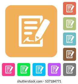 Signing contract icons on rounded square vivid color backgrounds