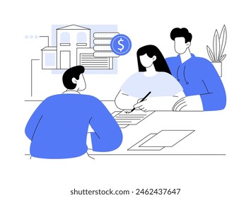 Signing contract isolated cartoon vector illustrations. Young couple buying property, sign documents for the real estate purchase in brokerage firm office, successful deal vector cartoon.