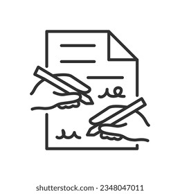 Signing a contract, linear icon. The signing of a document by two parties. Conclusion of a contract. Line with editable stroke