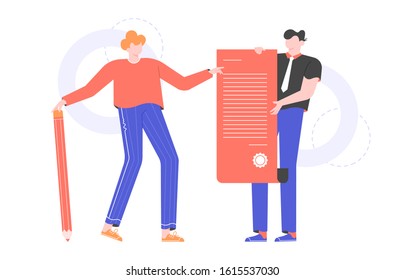 Signing a contract. Make a deal. Manager clerk holding a big paperagreement. Customer holds a pencil. Concept vector flat illustration with male characters.