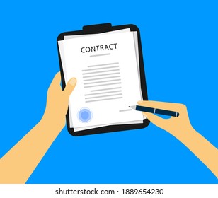 Signing a contract. Man holds a pen in his right hand and signs a contract