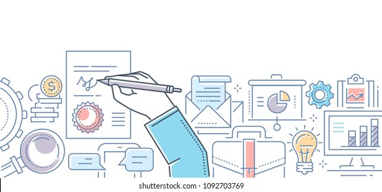 Signing a contract - modern line design style illustration on white background. Colorful composition with a document, hand with a pen drawing a signature, lightbulb, bag, pile of coins, diagrams, chat