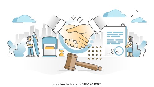 Signing contract moment scene with legal document, gavel and handshake elements outline concept. Decision to accept agreement, deal or partnership offer from business perspective vector illustration.