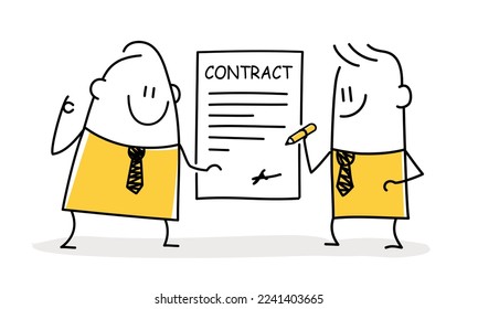 Signing contract. Official document, agreement, deal commitment. Stick figure. Doodle style. Vector illustration.