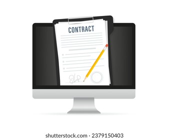 Signing the contract on the computer screen. Contract agreement, memorandum of understanding, legal document stamp, concept for web banners, websites. Pencil agreement contract. Vector illustration