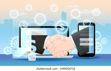 Signing a contract online concept. Virtual handshake through smartphone and laptop. Vector illustration