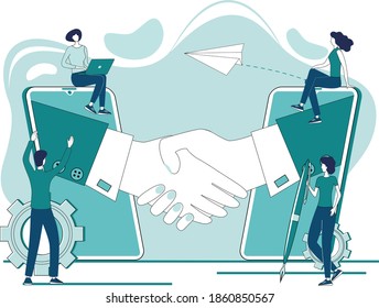 Signing a contract online using your smartphone.Handshake in the background of people and a mobile phone.The concept of a contract, transaction, and business negotiations.Flat vector illustration.