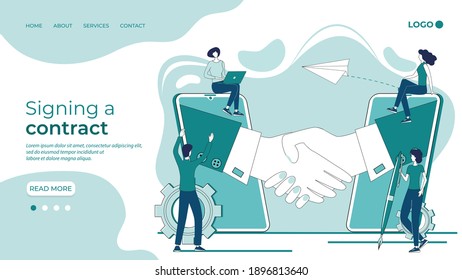 Signing a contract online using your smartphone.Handshake in the background of people and a mobile phone.The concept of a contract, transaction, and business negotiations.Landing page template.