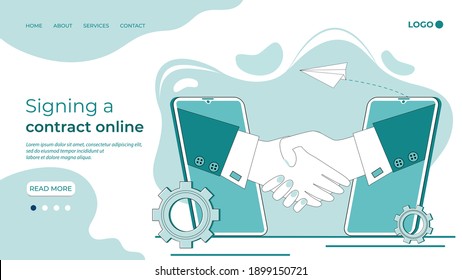 Signing a contract online.Handshake on the background of a signed contract.The concept of a contract, transaction, and business negotiations.Flat vector illustration.The template of the landing page.