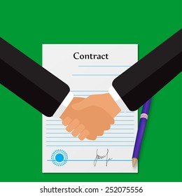 Signing of the contract, shaking hands on a green background vec