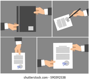 Signing contract stages picture collection on grey background. Vector poster of hands holding dark folder, writing signature by pen on white paper with text, passing documents to another hand