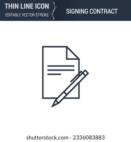 Signing Contract Symbol Icon. Sleek Thin Line Business Icon. Stroke Pictogram Graphic for Web Design. High-Quality Outline Symbol Concept. Premium Monoline Aesthetic. Simple and Elegant Logo Design.