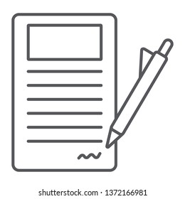 Signing contract thin line icon, paper and agreement, document sign, vector graphics, a linear pattern on a white background, eps 10.