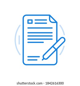 
Signing contract vector line icon. Sheet of paper with terms of deal and pen. Successful legal document with partnership agreement and licensed notes. Consent to business cooperation.