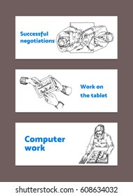 Signing the contract, working on the tablet, the manager makes a report, a set of sketch banners, Business work on computer, tablet sketch
