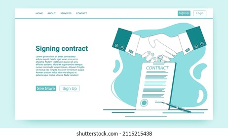 Signing the contract.Business agreement, conclusion of a transaction.Handshake on the background of the contract.An illustration in the style of a green landing page.