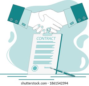 Signing contract.Handshake on the background of a signed contract.The concept of a contract, transaction, and business negotiations.Flat vector illustration.