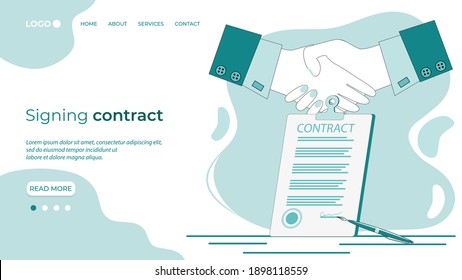 Signing contract.Handshake on the background of a signed contract.The concept of a contract, transaction, and business negotiations.Flat vector illustration.The template of the landing page.