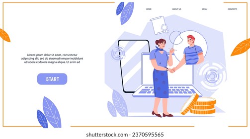 Signing contracts online and agreement signing digitally concept for website banner, flat vector illustration. Partnership, cooperation and dropshipping contract concept for web page.