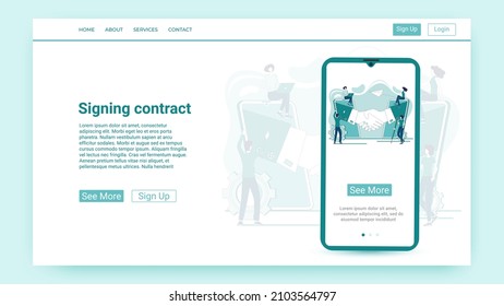 Signing the contract.Transaction, negotiation.A business handshake.Using an Internet connection for business communication..Website and mobile application template.
