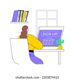 Signing up for a course isolated cartoon vector illustrations. Young girl signing up for an online course, laptop on table, distance learning, virtual education during pandemic vector cartoon.
