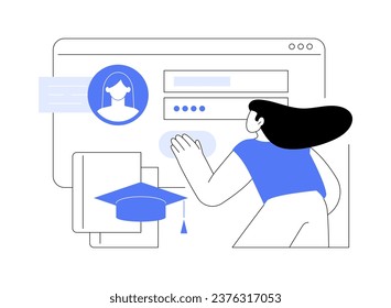 Signing up for a course isolated cartoon vector illustrations. Young girl signing up for an online course, laptop on table, distance learning, virtual education during pandemic vector cartoon.