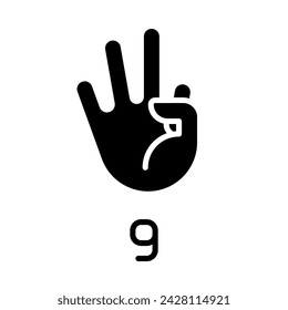 Dígito de firma nueve en ASL icono de glifo negro. Sistema de lenguaje no verbal. Comunicación para pacientes con sordera. Símbolo de silueta en espacio blanco. Pictograma sólido. Ilustración aislada del vector