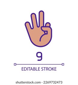 Signing digit nine in ASL pixel perfect RGB color icon. Non verbal language system. Communication. Isolated vector illustration. Simple filled line drawing. Editable stroke. Arial font used