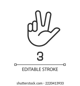 Signing digit three in ASL pixel perfect linear icon. Nonverbal communication system. Gesturing. Thin line illustration. Contour symbol. Vector outline drawing. Editable stroke. Arial font used