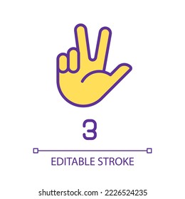 Signing digit three in ASL pixel perfect RGB color icon. Nonverbal communication system. Gesturing. Isolated vector illustration. Simple filled line drawing. Editable stroke. Arial font used