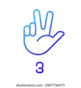 Signing digit three in ASL pixel perfect gradient linear vector icon. Nonverbal communication system. Gesturing. Thin line color symbol. Modern style pictogram. Vector isolated outline drawing