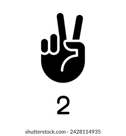 Signing digit two in ASL black glyph icon. Nonverbal communication process. Gesture language element. Silhouette symbol on white space. Solid pictogram. Vector isolated illustration