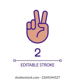 Signing digit two in ASL pixel perfect RGB color icon. Nonverbal communication. Gesture language. Isolated vector illustration. Simple filled line drawing. Editable stroke. Arial font used