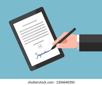 Signing of digital contract using signature, on tablet. Electronic agreement in modern business