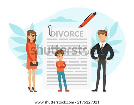 Signing Divorce Document and Family Breakdown with Sad Parents and Kid Vector Illustration