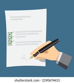 Signing A Document With All Check Mark Clear Document. Safe Contract Sign Concept.