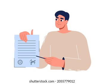 Unterschrift, Vertrag, Vereinbarung. Mann, der ein Geschäftspapier mit Stempel und Unterschrift hält. Geschäftsmann schließt ein Geschäft. Hypothekarkreditkonzept Einzelne flache Vektorgrafik