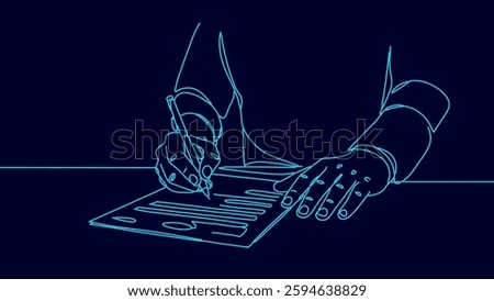 Signing document contract line. Hand writing pen agreement. Business finance legal paperwork. Minimalist monochrome dark blue vector illustration
