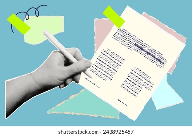 Signing the document. Filling out a contract, report, tax return. A woman's hand writes with a pen on a paper page. Business agreement in halftone style. Contemporary
collage art. Vector illustration.