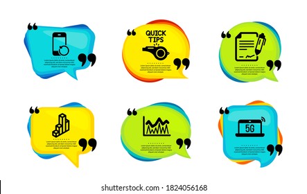 Signing document, Investment and Tutorials icons simple set. Speech bubble with quotes. 3d chart, Recovery phone and 5g notebook signs. Contract, Economic statistics, Quick tips. Vector