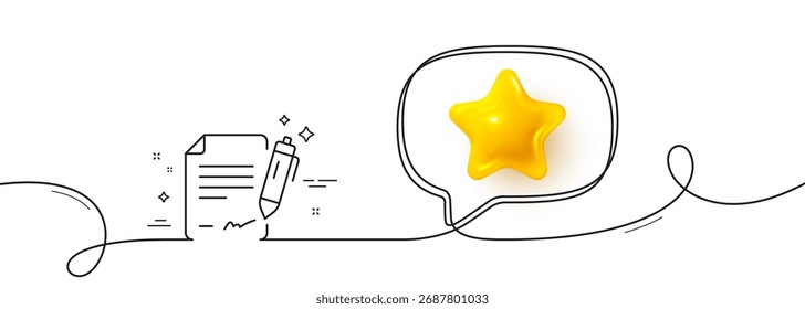 Signing document line icon. Continuous line with 3d star. Contract signature sign. Agreement file symbol. 3d star in speech bubble. Signing document single line ribbon. Loop curve pattern. Vector