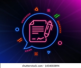 Signing document line icon. Neon laser lights. Contract signature sign. Agreement file symbol. Glow laser speech bubble. Neon lights chat bubble. Banner badge with signing document icon. Vector